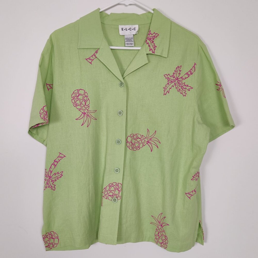 E.L.C.C Women's Blouse Size L Green Pink Tropical Linen Rayon Summer Vintage